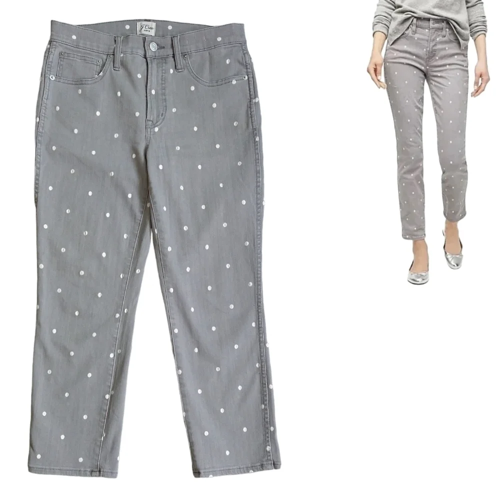 J. Crew Gray White Polka Dot Vintage Straight Ankle Jeans AB288 PETITE